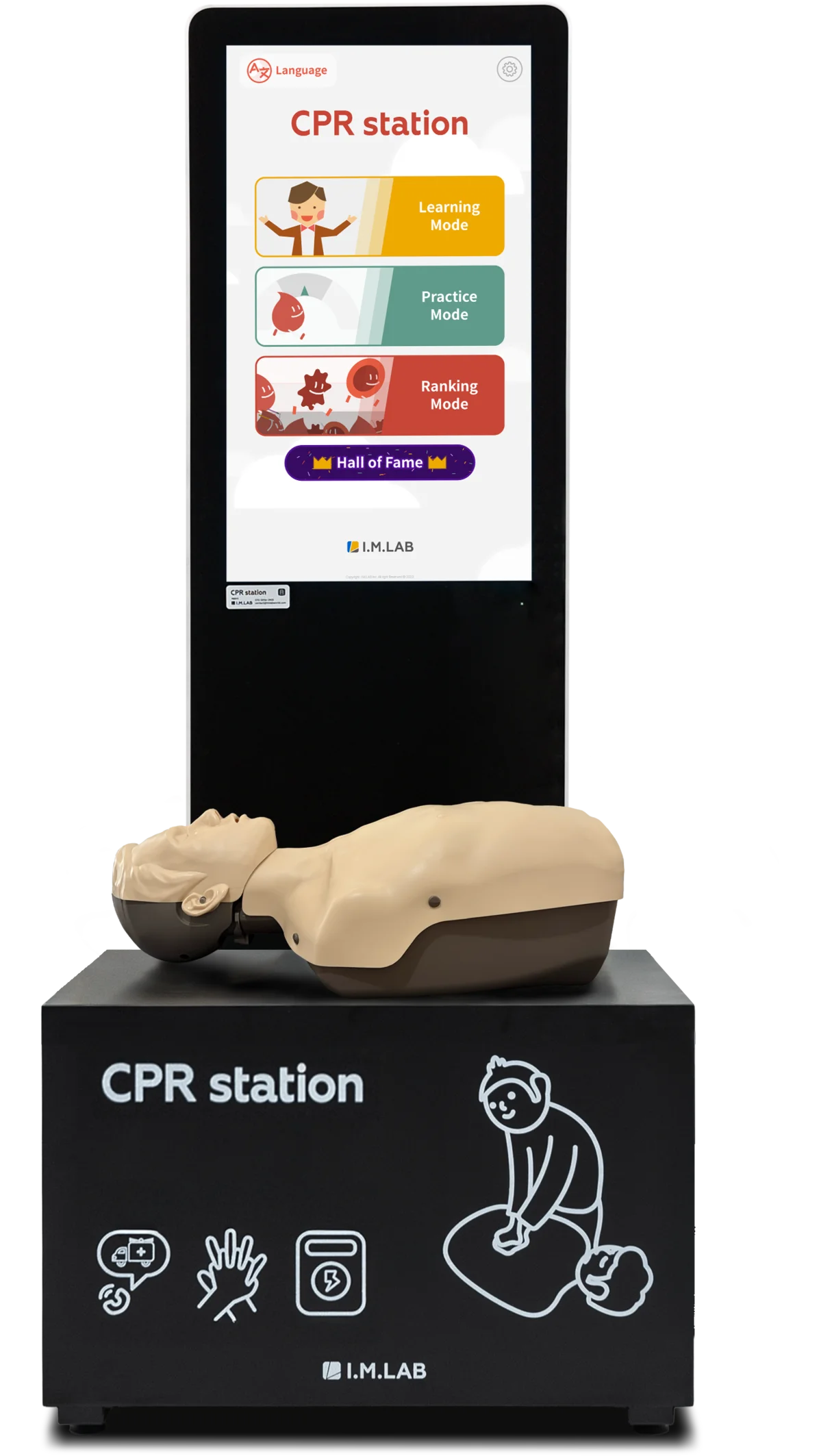 A CPR station unit: an upright touchscreen showing the home screen with Learning Mode, Practice Mode, Ranking Mode, and Hall of Fame, above a black base cabinet with a CPR manikin lying on top.